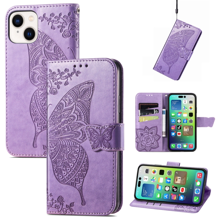 

For iPhone 15 Plus Butterfly Love Flower Embossed Leather Phone Case(Light Purple)