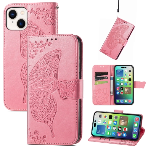 For iPhone 15 Plus Butterfly Love Flower Embossed Leather Phone Case(Pink)