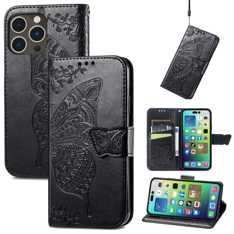 

For iPhone 15 Pro Butterfly Love Flower Embossed Leather Phone Case(Black)