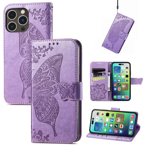 For iPhone 15 Pro Butterfly Love Flower Embossed Leather Phone Case(Light Purple) for iphone 6 7 8 se 2020 se 2022 line pattern skin feel leather phone case light blue