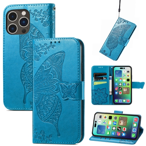 

For iPhone 15 Pro Butterfly Love Flower Embossed Leather Phone Case(Blue)