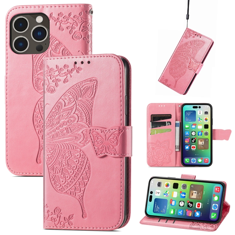 

For iPhone 15 Pro Butterfly Love Flower Embossed Leather Phone Case(Pink)