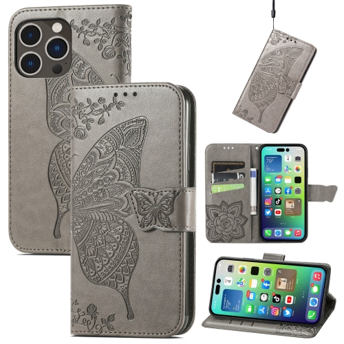 

For iPhone 15 Pro Butterfly Love Flower Embossed Leather Phone Case(Gray)