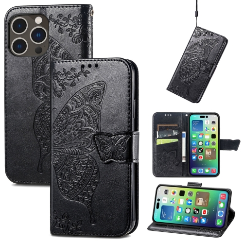 For iPhone 15 Pro Max Butterfly Love Flower Embossed Leather Phone Case(Black) portable one trigger one wireless clip on microphone system for iphone 13 12 11 10
