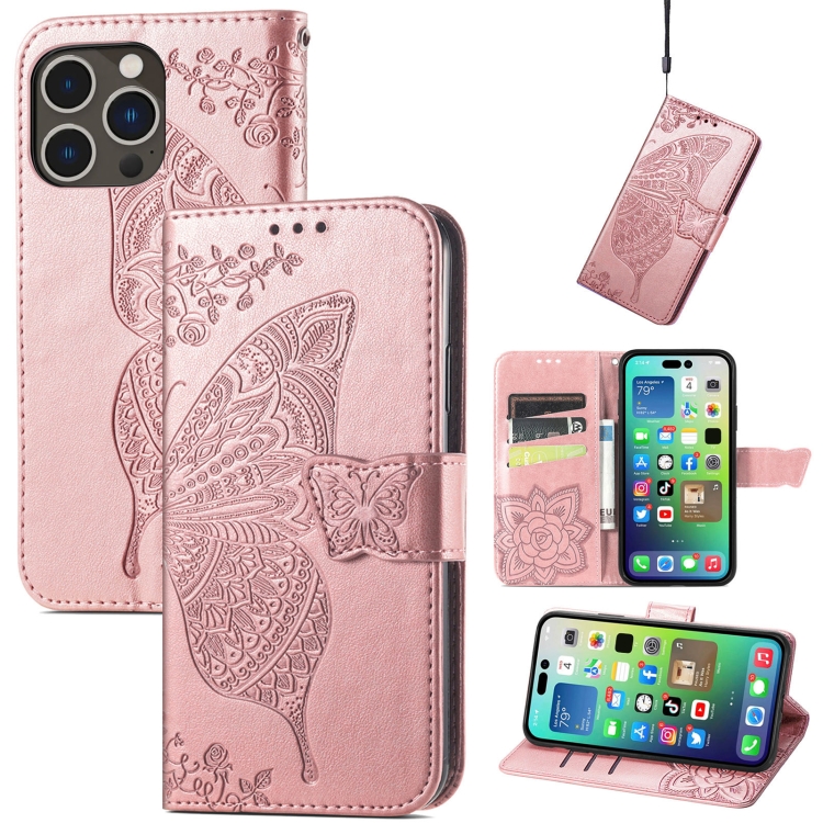 

For iPhone 15 Pro Max Butterfly Love Flower Embossed Leather Phone Case(Rose Gold)