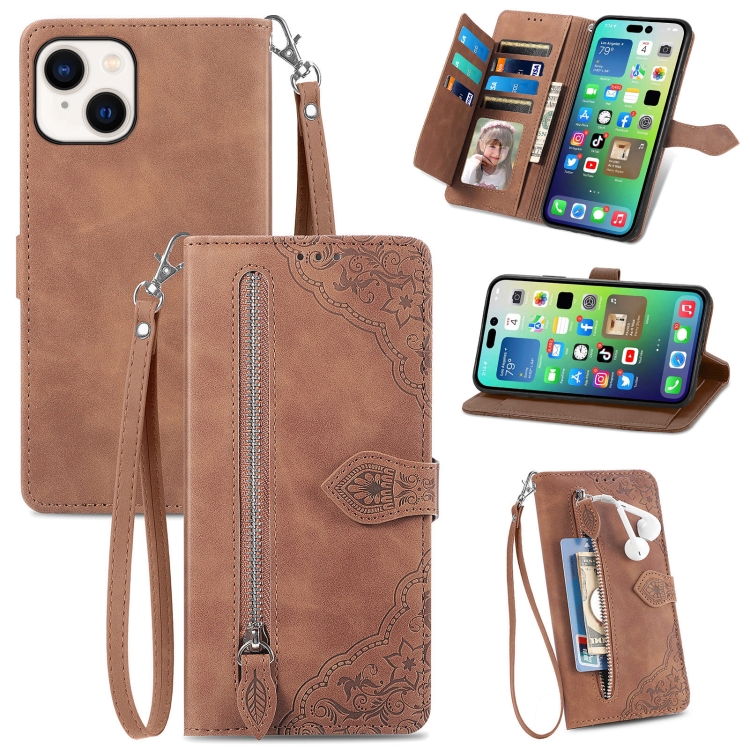

For iPhone 15 Embossed Flower Zipper Leather Phone Case(Brown)