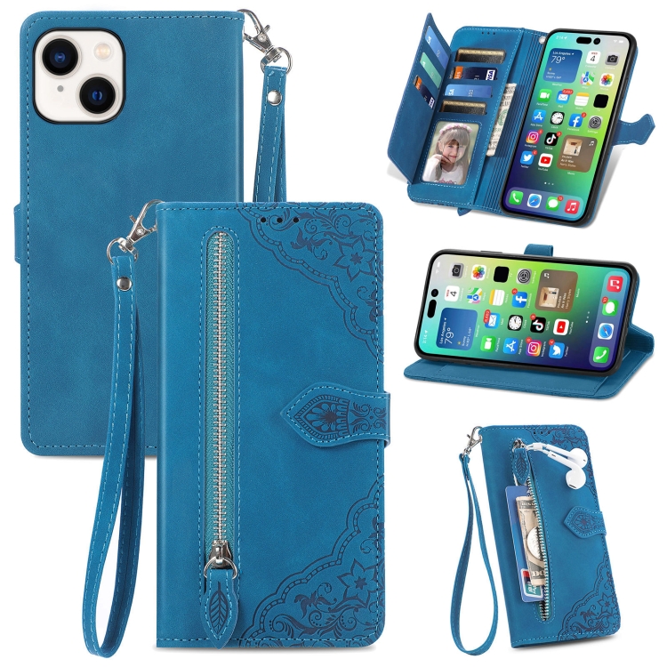 

For iPhone 15 Plus Embossed Flower Zipper Leather Phone Case(Blue)