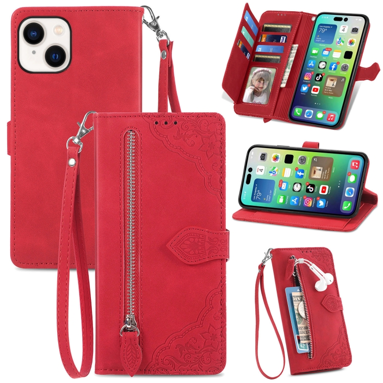 

For iPhone 15 Plus Embossed Flower Zipper Leather Phone Case(Red)