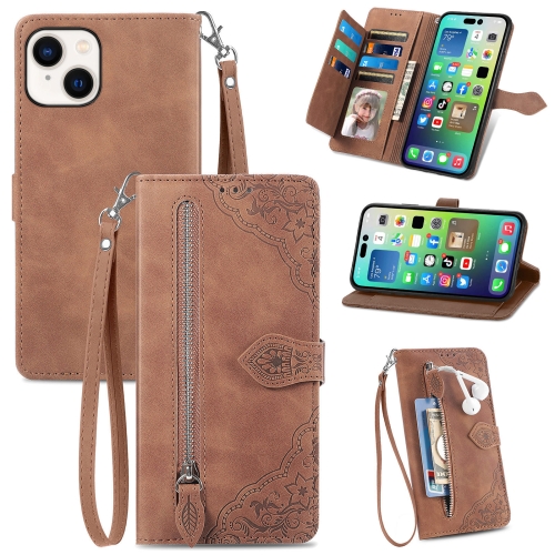 

For iPhone 15 Plus Embossed Flower Zipper Leather Phone Case(Brown)