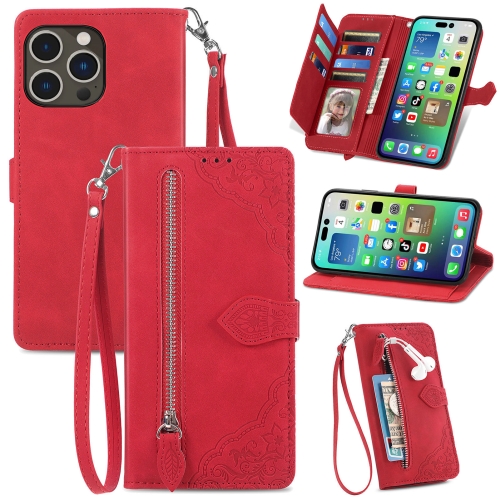 

For iPhone 15 Pro Embossed Flower Zipper Leather Phone Case(Red)