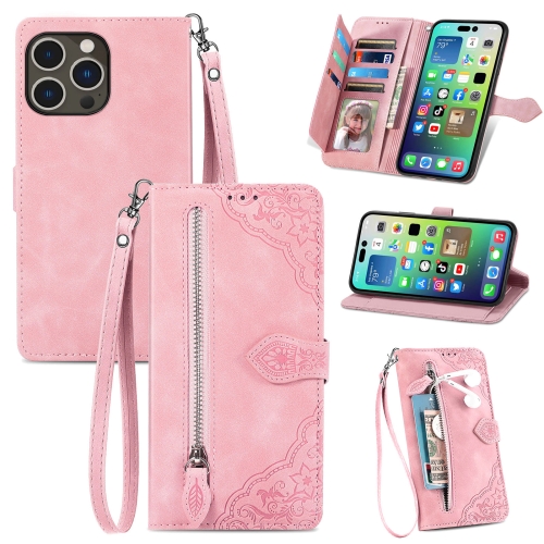 

For iPhone 15 Pro Embossed Flower Zipper Leather Phone Case(Pink)