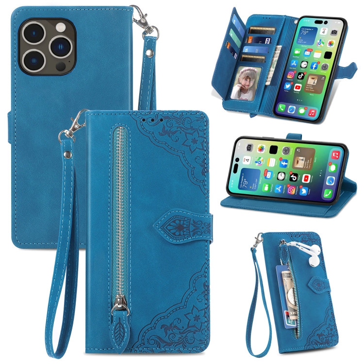 

For iPhone 15 Pro Max Embossed Flower Zipper Leather Phone Case(Blue)