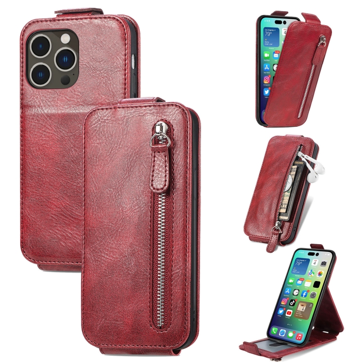 

For iPhone 15 Pro Max Zipper Wallet Vertical Flip Leather Phone Case(Red)