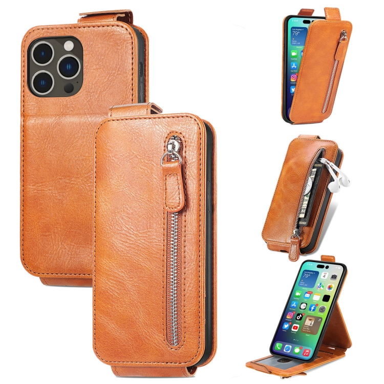 

For iPhone 15 Pro Max Zipper Wallet Vertical Flip Leather Phone Case(Brown)