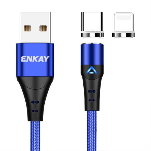 

ENKAY 2 in 1 3A USB to 8 Pin + Type-C Magnetic Fast Charging Data Cable, Length:1m(Blue)
