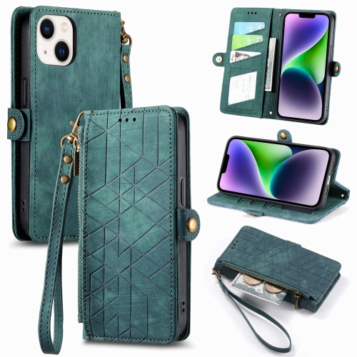 

For iPhone 14 Geometric Zipper Wallet Side Buckle Leather Phone Case(Green)