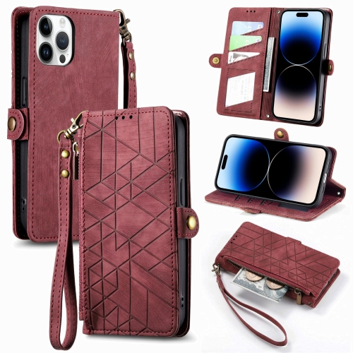 

For iPhone 14 Pro Geometric Zipper Wallet Side Buckle Leather Phone Case(Red)