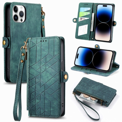 

For iPhone 14 Pro Geometric Zipper Wallet Side Buckle Leather Phone Case(Green)