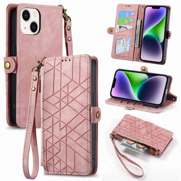 

For iPhone 14 Plus Geometric Zipper Wallet Side Buckle Leather Phone Case(Pink)