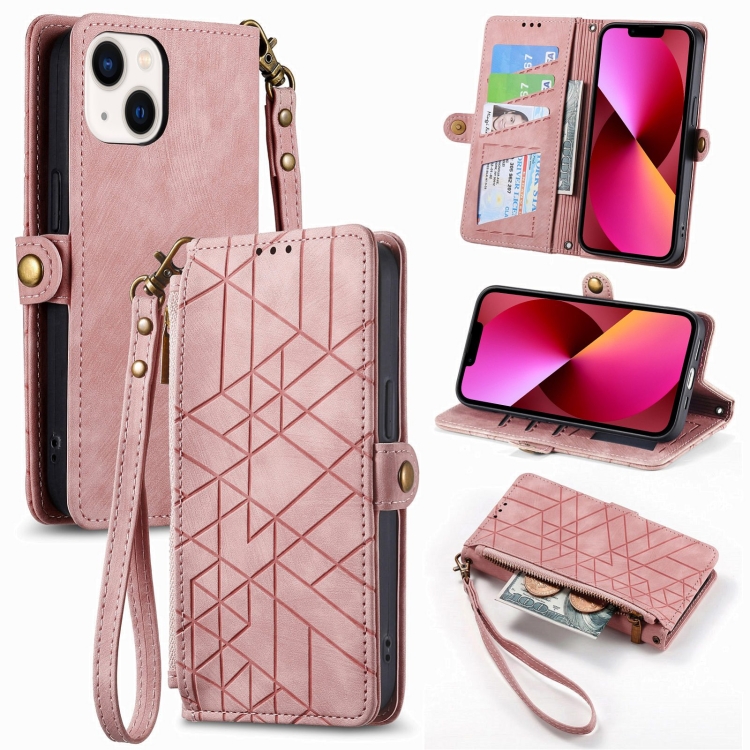 

For iPhone 13 Geometric Zipper Wallet Side Buckle Leather Phone Case(Pink)