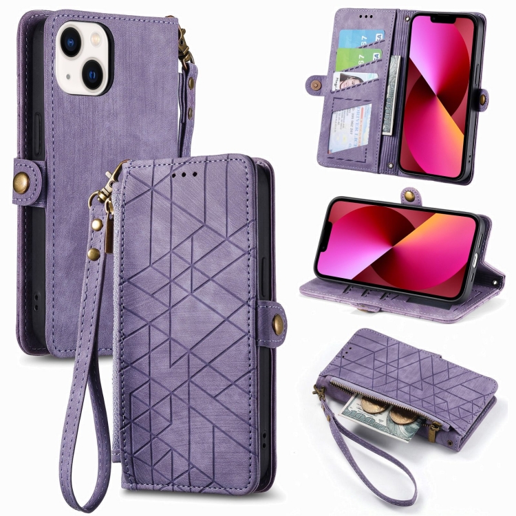 

For iPhone 13 Geometric Zipper Wallet Side Buckle Leather Phone Case(Purple)