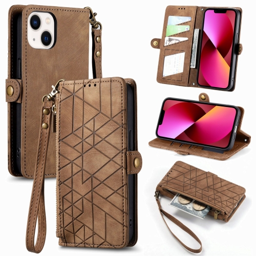 

For iPhone 13 mini Geometric Zipper Wallet Side Buckle Leather Phone Case(Brown)