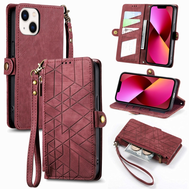 

For iPhone 13 mini Geometric Zipper Wallet Side Buckle Leather Phone Case(Red)