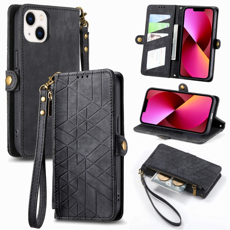 

For iPhone 13 mini Geometric Zipper Wallet Side Buckle Leather Phone Case(Black)
