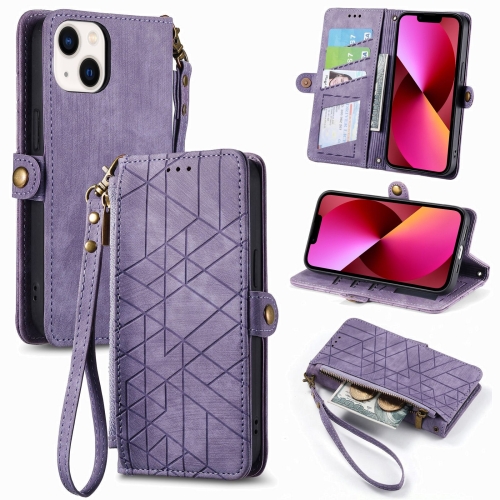 

For iPhone 13 mini Geometric Zipper Wallet Side Buckle Leather Phone Case(Purple)