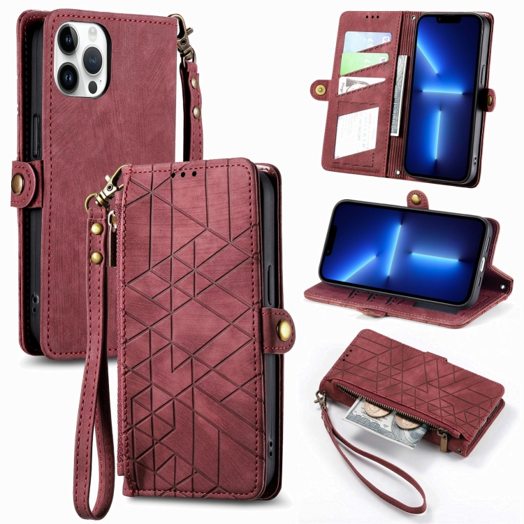 

For iPhone 13 Pro Geometric Zipper Wallet Side Buckle Leather Phone Case(Red)