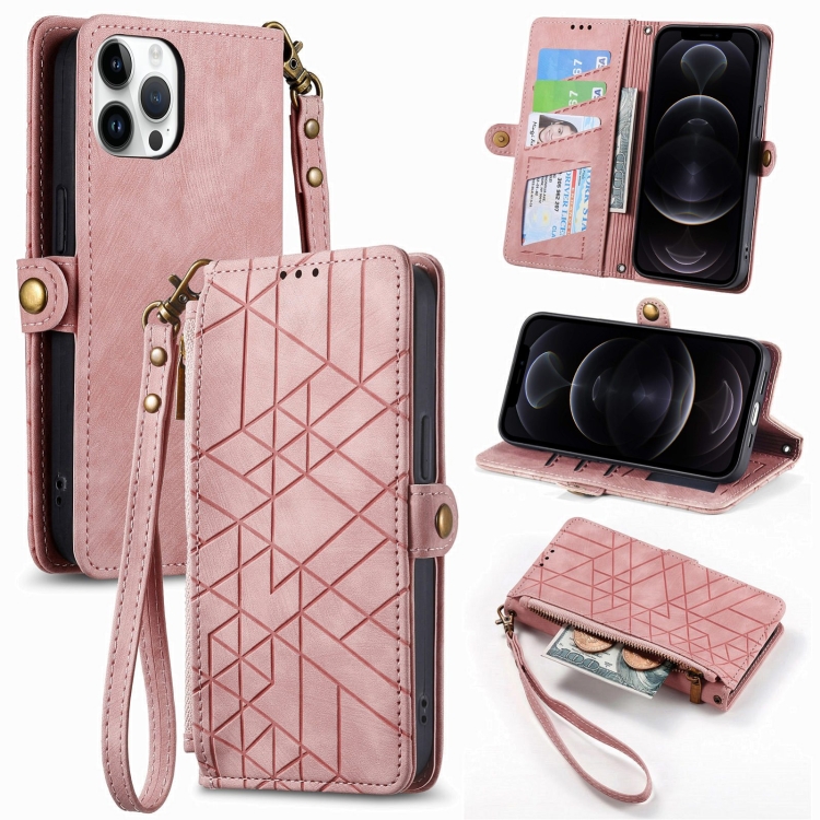 

For iPhone 12 / 12 Pro Geometric Zipper Wallet Side Buckle Leather Phone Case(Pink)