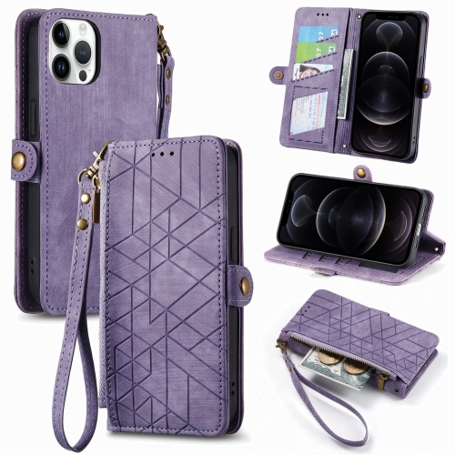 

For iPhone 12 / 12 Pro Geometric Zipper Wallet Side Buckle Leather Phone Case(Purple)