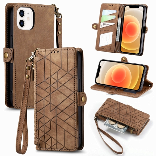 

For iPhone 12 mini Geometric Zipper Wallet Side Buckle Leather Phone Case(Brown)