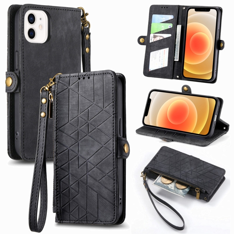 

For iPhone 12 mini Geometric Zipper Wallet Side Buckle Leather Phone Case(Black)
