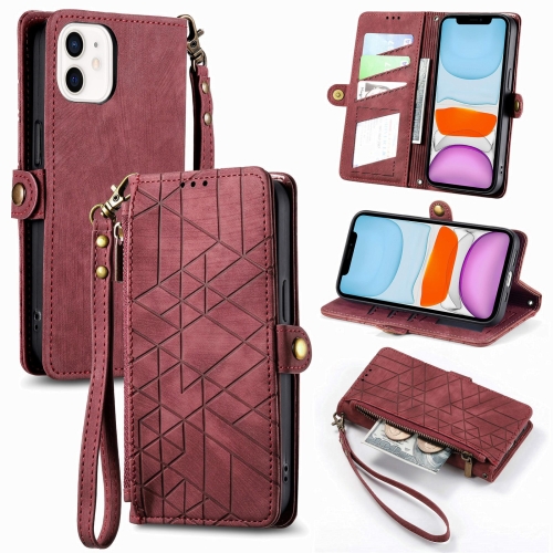 

For iPhone 11 Geometric Zipper Wallet Side Buckle Leather Phone Case(Red)