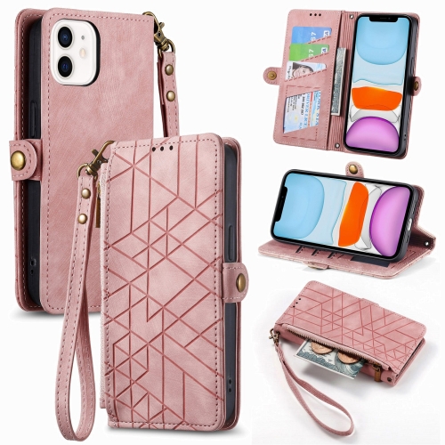 

For iPhone 11 Geometric Zipper Wallet Side Buckle Leather Phone Case(Pink)