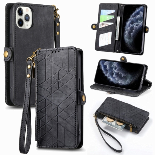 

For iPhone 11 Pro Geometric Zipper Wallet Side Buckle Leather Phone Case(Black)