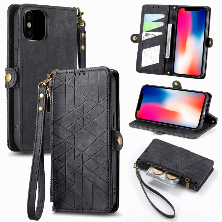 

For iPhone X / XS Geometric Zipper Wallet Side Buckle Leather Phone Case(Black)