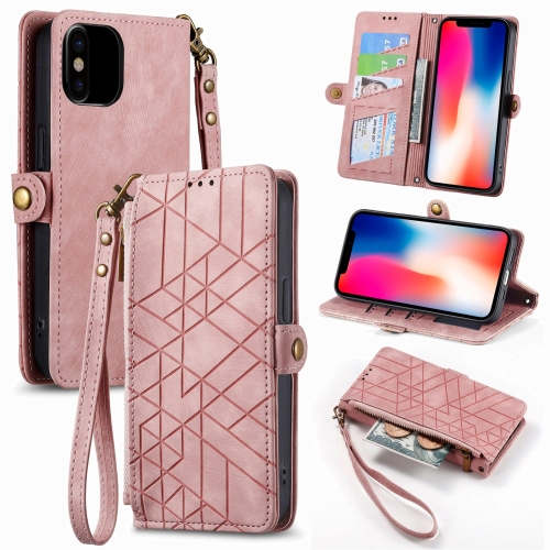 

For iPhone X / XS Geometric Zipper Wallet Side Buckle Leather Phone Case(Pink)