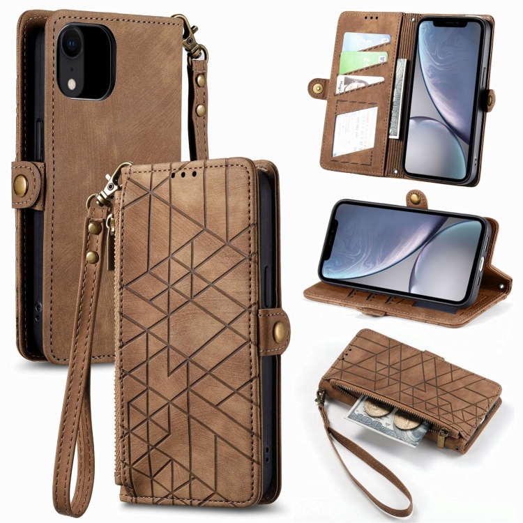 

For iPhone XR Geometric Zipper Wallet Side Buckle Leather Phone Case(Brown)