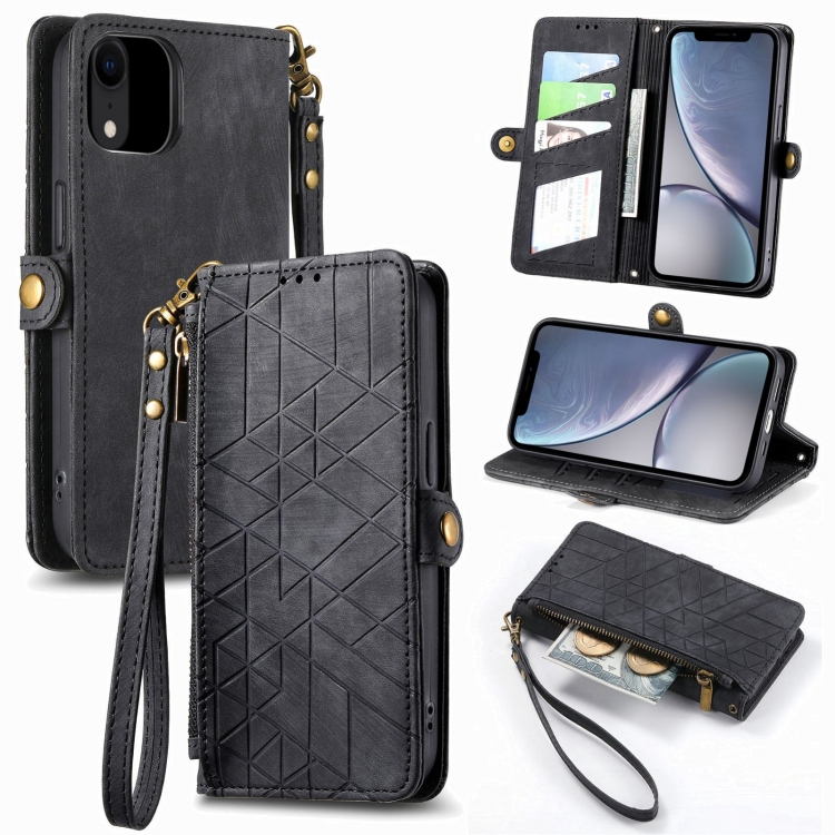 

For iPhone XR Geometric Zipper Wallet Side Buckle Leather Phone Case(Black)