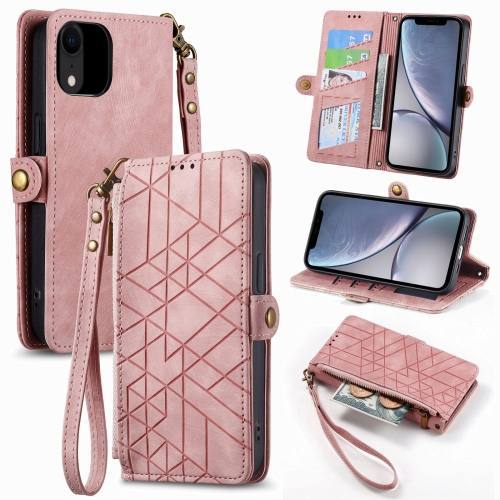 

For iPhone XR Geometric Zipper Wallet Side Buckle Leather Phone Case(Pink)