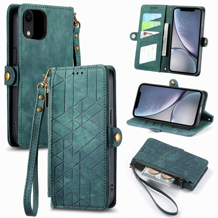 

For iPhone XR Geometric Zipper Wallet Side Buckle Leather Phone Case(Green)