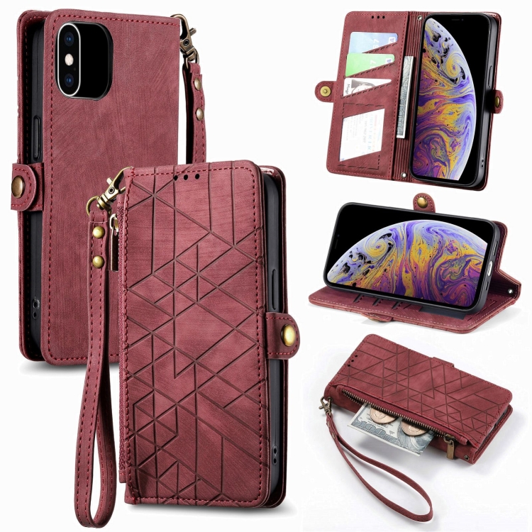 

For iPhone XS Max Geometric Zipper Wallet Side Buckle Leather Phone Case(Red)