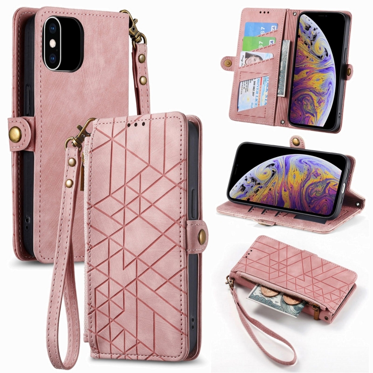 

For iPhone XS Max Geometric Zipper Wallet Side Buckle Leather Phone Case(Pink)