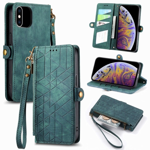 

For iPhone XS Max Geometric Zipper Wallet Side Buckle Leather Phone Case(Green)