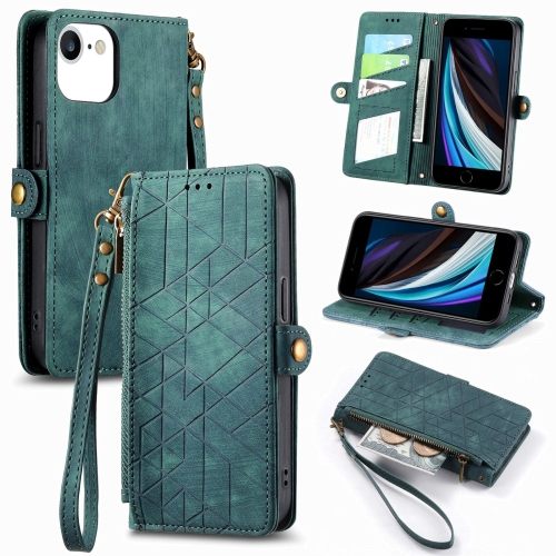 

For iPhone SE 2022 /2020 /7 / 8 Geometric Zipper Wallet Side Buckle Leather Phone Case(Green)