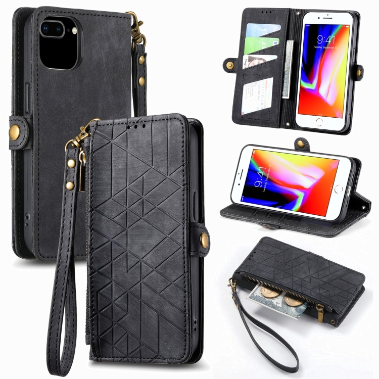 

For iPhone 7 Plus / 8 Plus Geometric Zipper Wallet Side Buckle Leather Phone Case(Black)