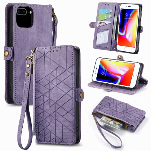 

For iPhone 7 Plus / 8 Plus Geometric Zipper Wallet Side Buckle Leather Phone Case(Purple)