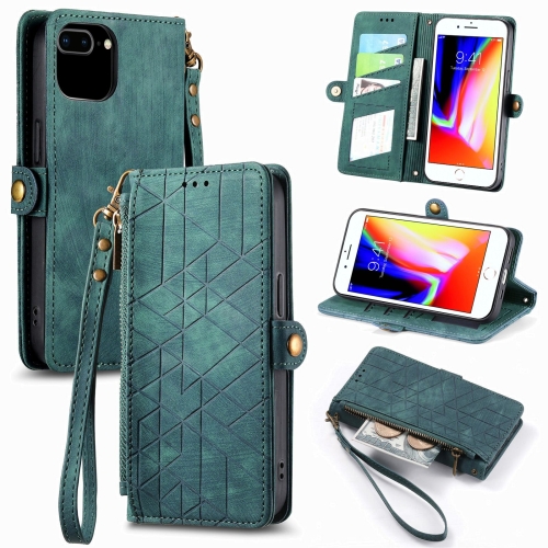 

For iPhone 7 Plus / 8 Plus Geometric Zipper Wallet Side Buckle Leather Phone Case(Green)